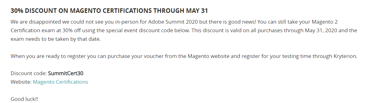 30% DISCOUNT ON MAGENTO CERTIFICATIONS THROUGH MAY 31